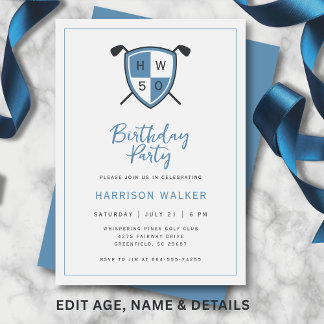 Invitation Golf Modern 50th Adult Birthday Party Stylish Blue
