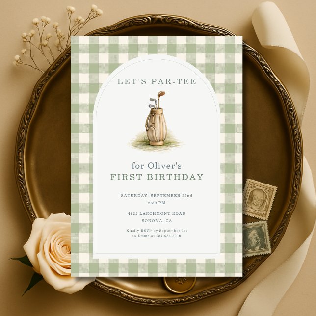 Invitation Golf Par-Tee Sage Green Gingham 1st Birthday (Créateur téléchargé)