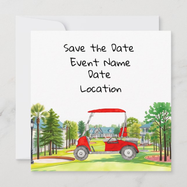 Invitation Golf Save the Date party avec voiturette de golf (Devant)