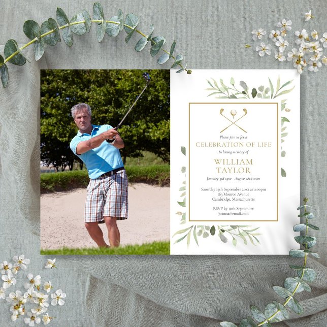 Invitation Golfer Green Célébration de la vie Photo (Golfer Greenery Celebration of Life Photo Invitation)