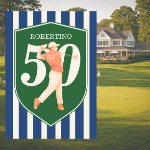 Invitation Golfeur Préparé Vintage Bleu Blanc 50e Anniversair