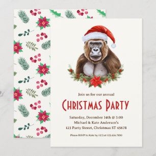 Invitation Gorilla dans le Santa Hat Poinsettias fête de Noël