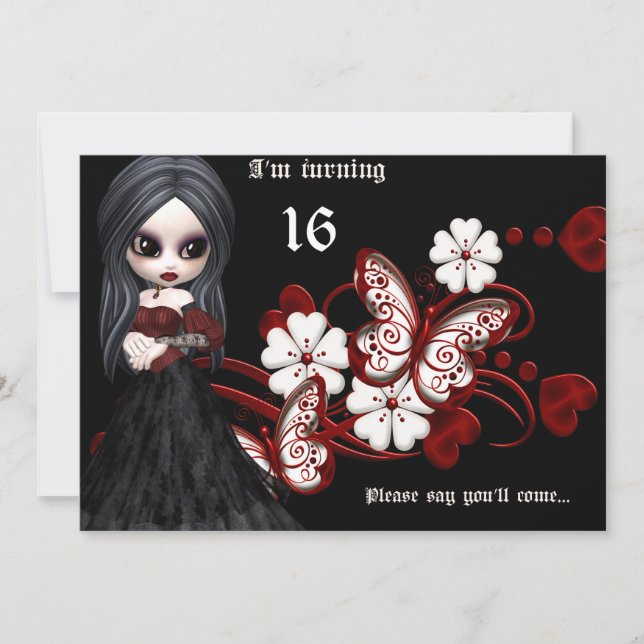 Invitation Goth Girl with Butterflies Sweet 16 Anniversaire (Devant)