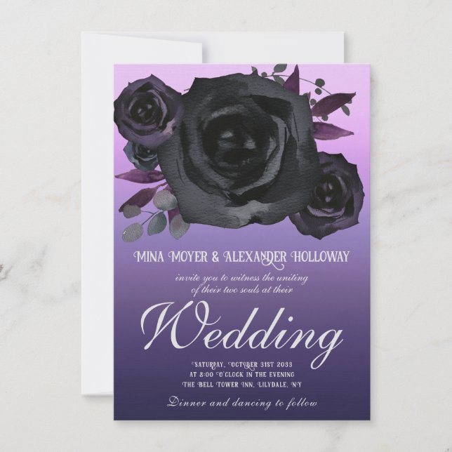 Invitation Goth moderne violet Rose noir Mariage photo (Devant)