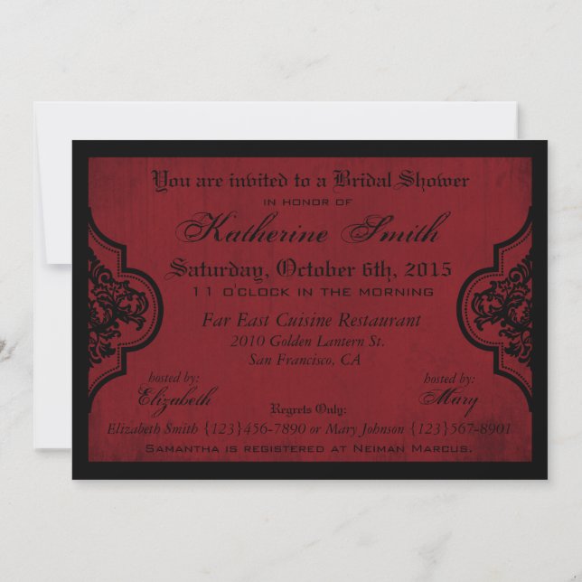 Invitation Goth Red Damask Grunge Fête des mariées (Dos)