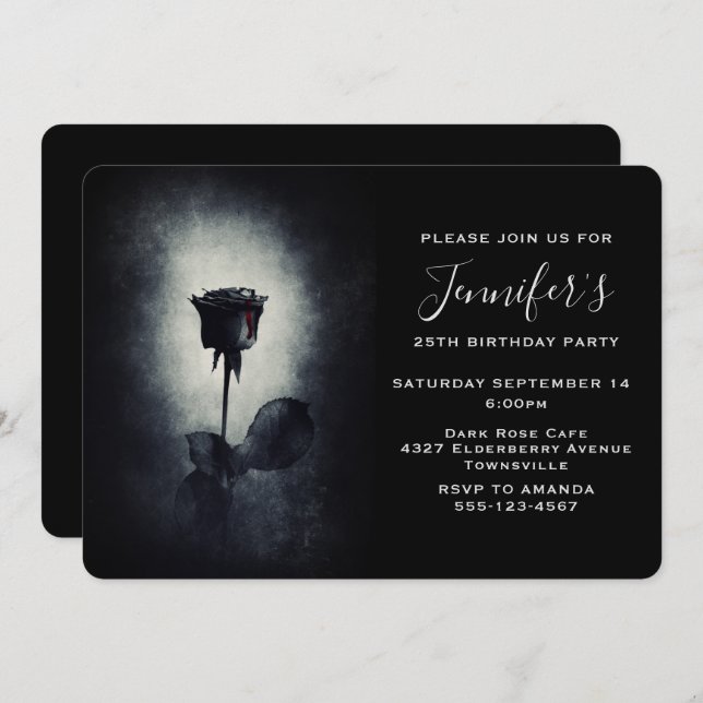 Invitation Goth Rose noir goutte de sang Grunge Anniversaire (Devant / Derrière)