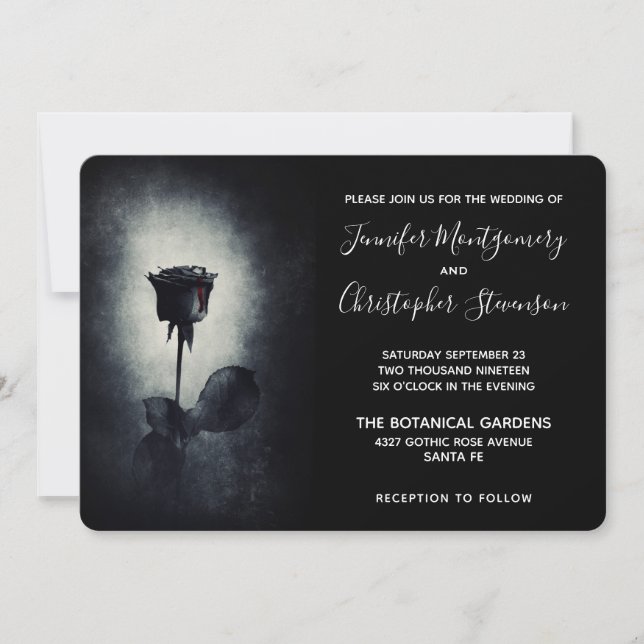 Invitation Goth Rose noir goutte de sang sur un Mariage noir (Devant)