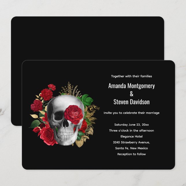 Invitation Goth Rouge Floral Crâne et Feuilles d'or (Devant / Derrière)