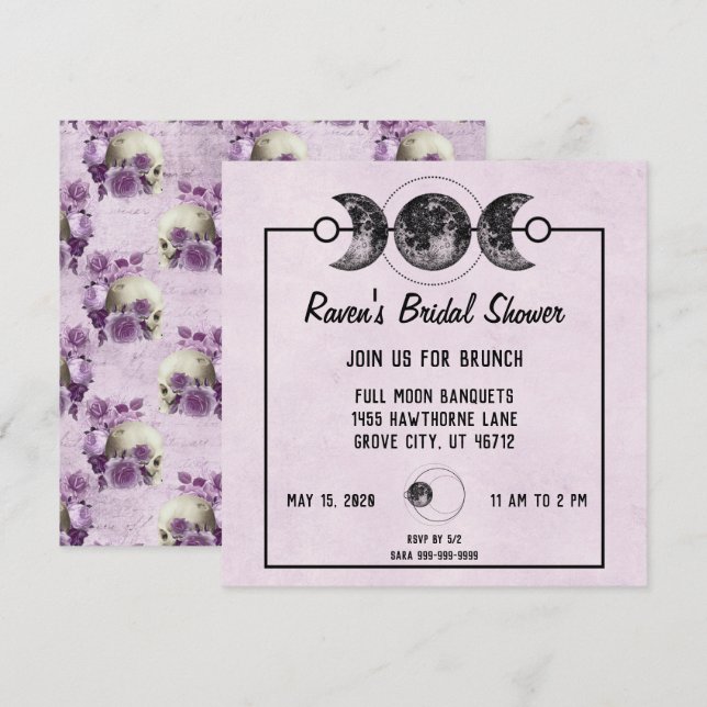 Invitation Goth Wicca, Rose de crânes de Fête de l'mariée vio (Devant / Derrière)