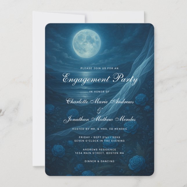 Invitation Gothic Blue Beach Moon Skeleton Engagement Party (Devant)