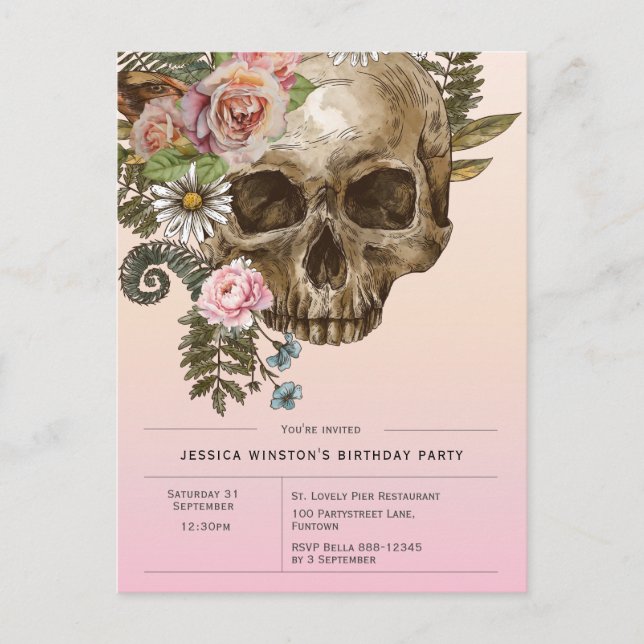 Invitation Gothic Dusty Pink Vintage Skull  Postcard (Front)