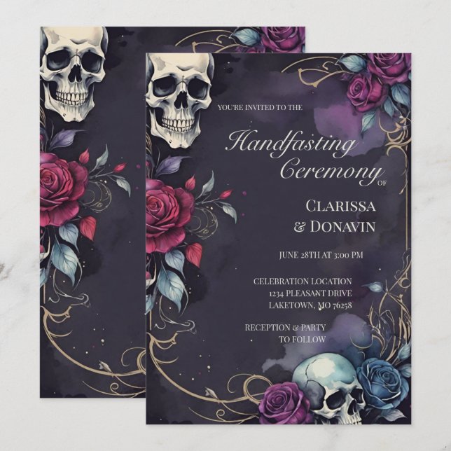 Invitation Gothic Elegant Skull & Rose Handfasting (Devant / Derrière)