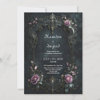 Invitation Gothic Ornate Purple Rose Filigree Wedding