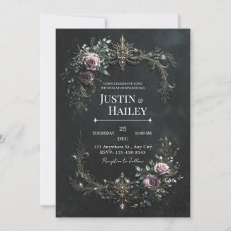 Invitation Gothic Purple Rose Gold Filigree Wedding