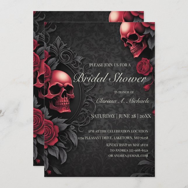 Invitation Gothic Red & Black Skull & Rose Bridal Shower (Devant / Derrière)