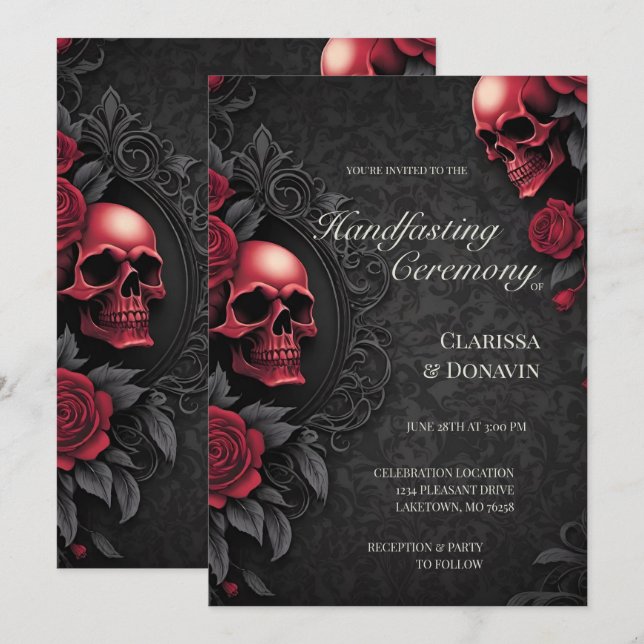 Invitation Gothic Red & Black Skull & Rose Damask Handfasting (Devant / Derrière)