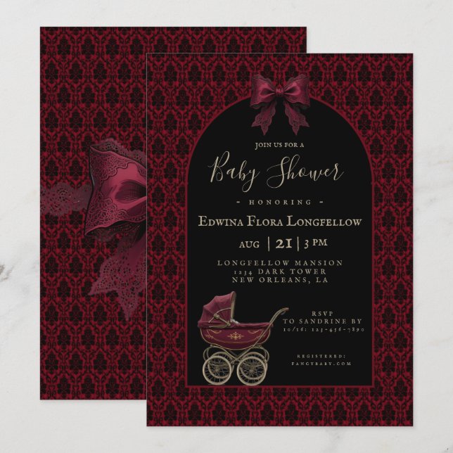 Invitation Gothic Red Damask Victorian Pram Baby Shower (Devant / Derrière)