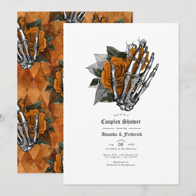 Invitation Gothic Skeleton Hand & Orange Rose Couple Baby Sho (Devant / Derrière)