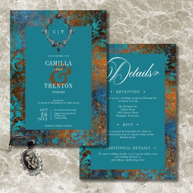 Invitation Gothique Antique Turquoise Or Damask Deux Mariage (Gothic Antique Teal Gold Damask Two Sided Wedding Invitation)