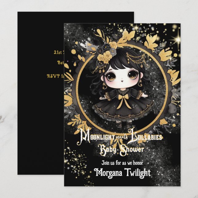 Invitation Gothique Baby shower mignonne Fille Lune Lullabe L (Devant / Derrière)