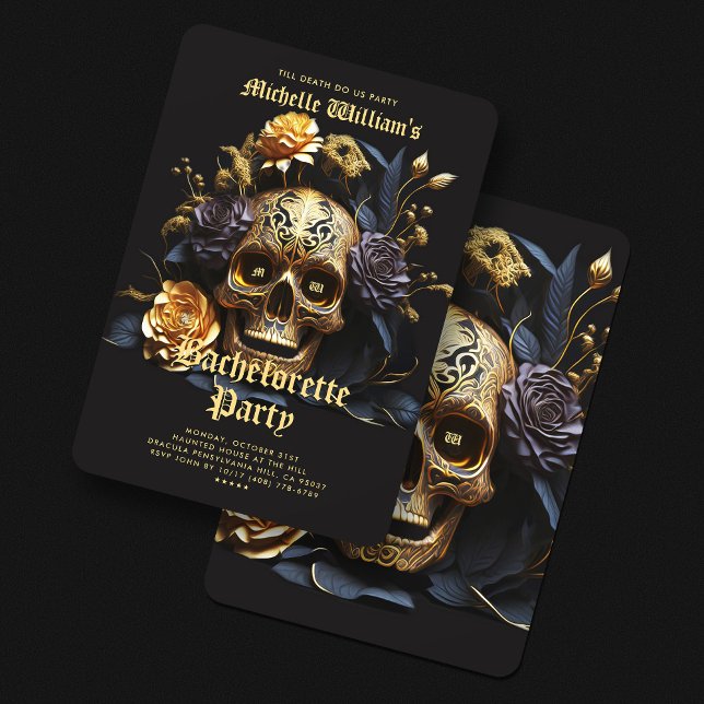 Invitation Gothique Bachelorette Party Black Gold Roses (Gothic Bachelorette Party Black Gold Skull Roses Invitation
)