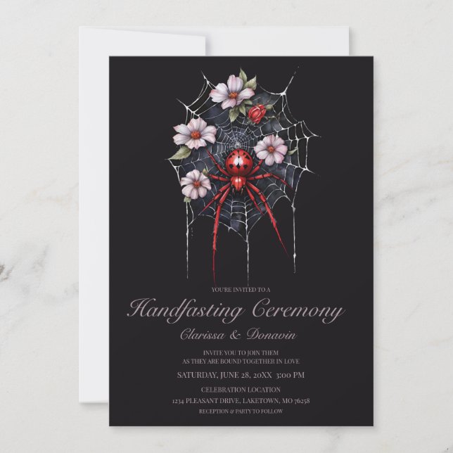 Invitation Gothique Black & Red Spider Floral Web Handfasting (Devant)
