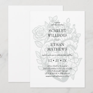Invitation Gothique Blanc Mariage Moderne Élégant Coeur Flora