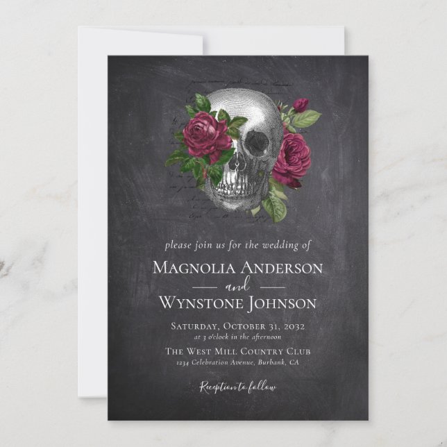 Invitation Gothique Crâne Floral Noir Halloween Mariage (Devant)