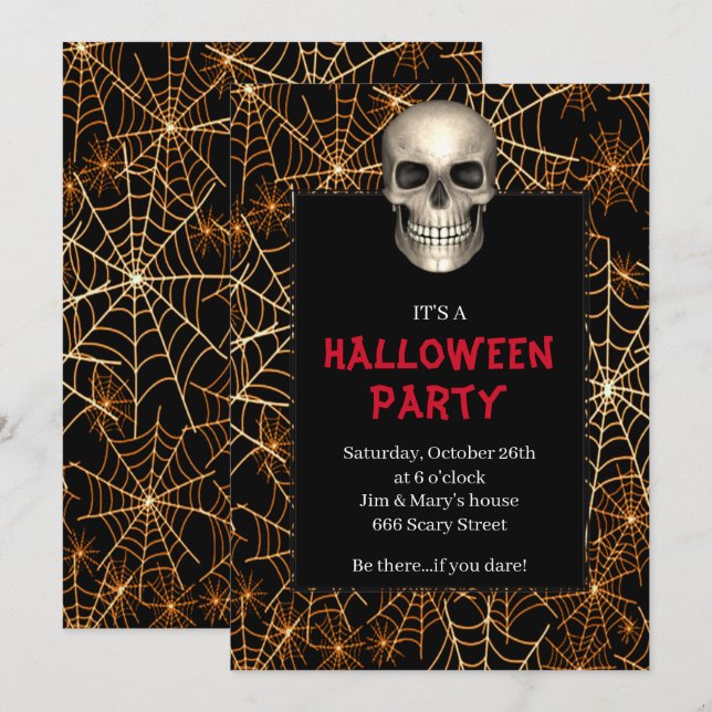 Invitation Gothique Crâne Orange Spider Web Halloween Party (Devant / Derrière)