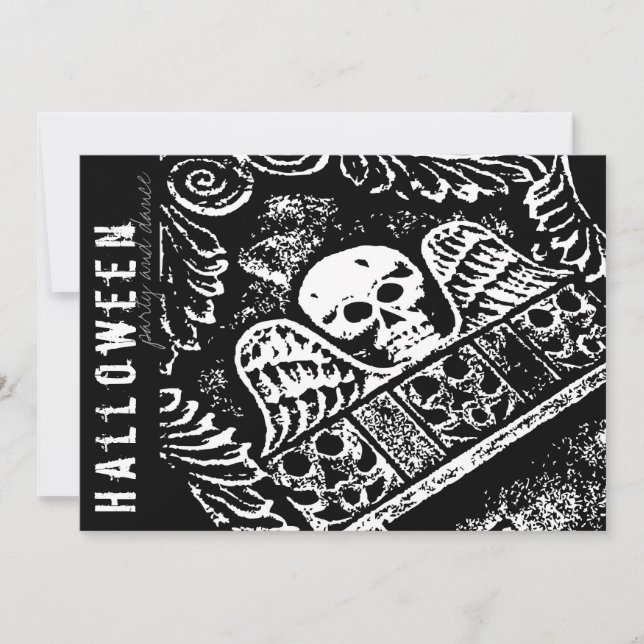 Invitation Gothique Crâne Tombstone Et Ailes Halloween Party (Devant)