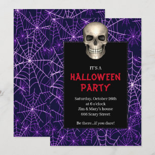 Invitation Gothique Crâne violet araignée Web Halloween Party
