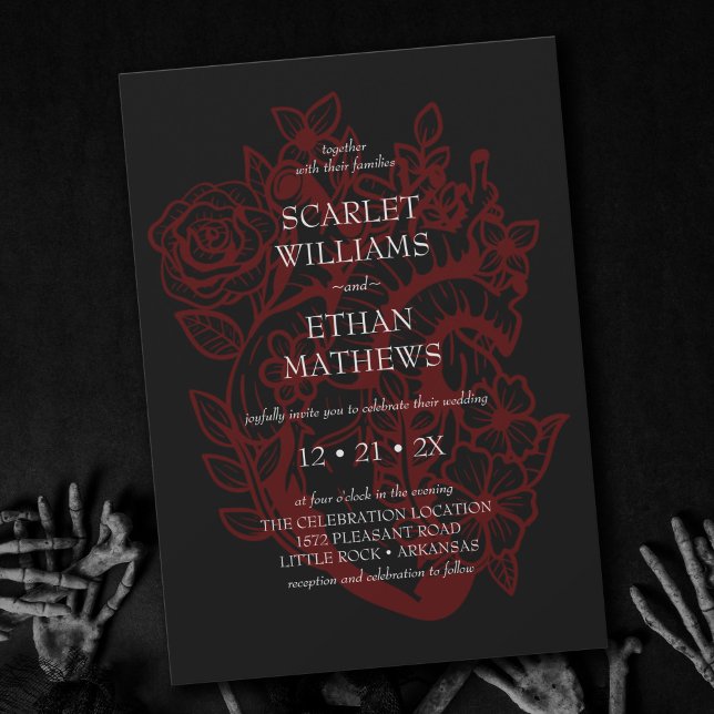 Invitation Gothique Élégant Rouge & Noir Mariage du coeur flo (Créateur téléchargé)
