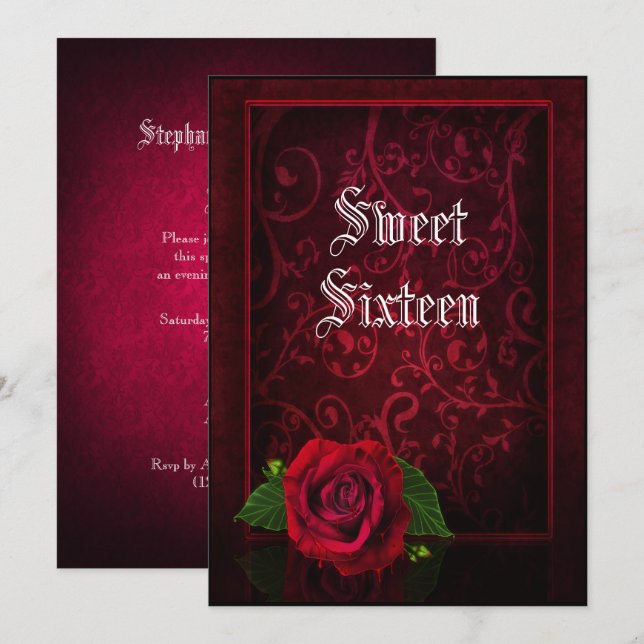 Invitation Gothique encadré Damas & Rose rouge Sweet 16 (Devant / Derrière)