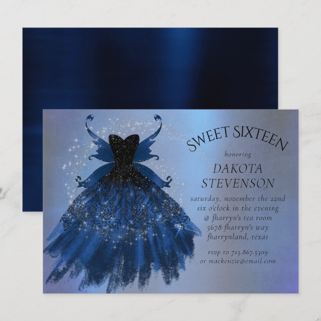 Invitation Gothique Fairy Navy Gown | Fleur bleue de Cobalt p (Devant / Derrière)