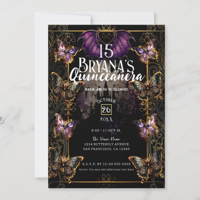 Invitation Gothique Fairytale Gold Butterfly & Bat Quinceañer (Devant)