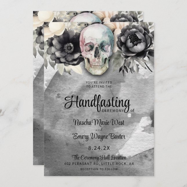 Invitation Gothique Floral Skull & Peony Handfasting (Devant / Derrière)
