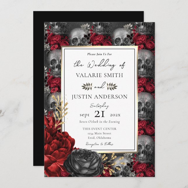 Invitation Gothique Floral Skuls Mariage (Devant / Derrière)