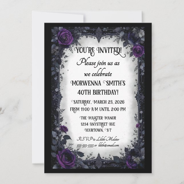 Invitation Gothique foncé avec violet Rose fête d'anniversair (Devant)