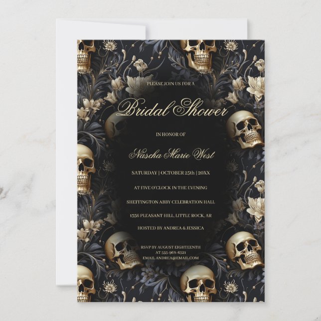 Invitation Gothique Gold Floral Skuls Moody Fête des mariées (Devant)
