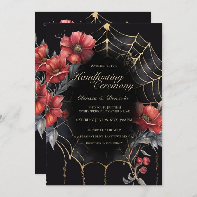 Invitation Gothique Gold & Red Spider Floral Web Handfasting (Devant / Derrière)