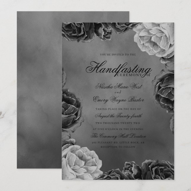 Invitation Gothique Gris Monochrome Élégant Floral Handfastin (Devant / Derrière)