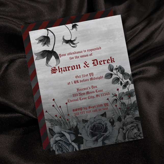 Invitation Gothique Gris Noir Floral Rouge Lettres Mariage (Créateur téléchargé)