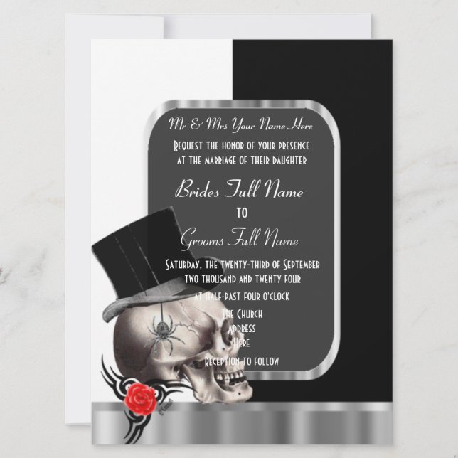 Invitation Gothique Groom Crâne noir et blanc (Devant)