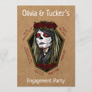 Invitation Gothique Lady Skull Coffin Dark Red Engagement Par