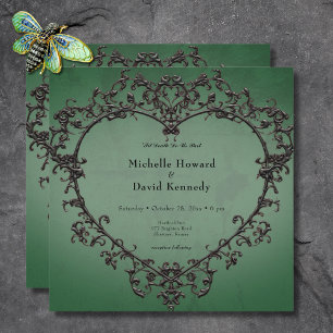 Invitation Gothique Mariage Cœur Noir et Vert Filigrane