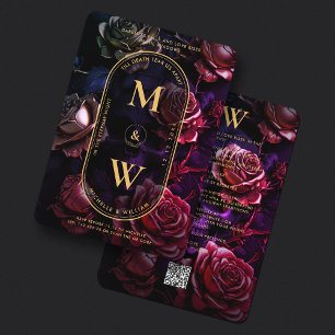 Invitation Gothique Monogramme Rose crâne Boho Elegant Red Go