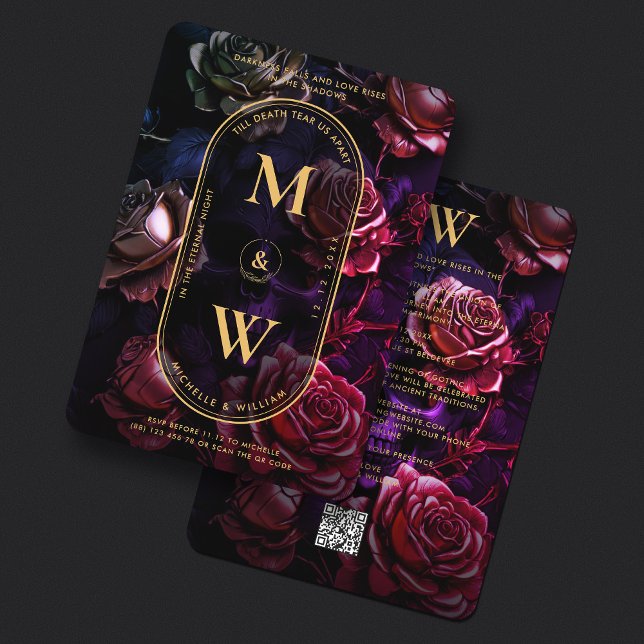Invitation Gothique Monogramme Rose crâne Boho Elegant Red Go (Gothic Monogram Skull Rose Boho Elegant Red Gold Invitation
)