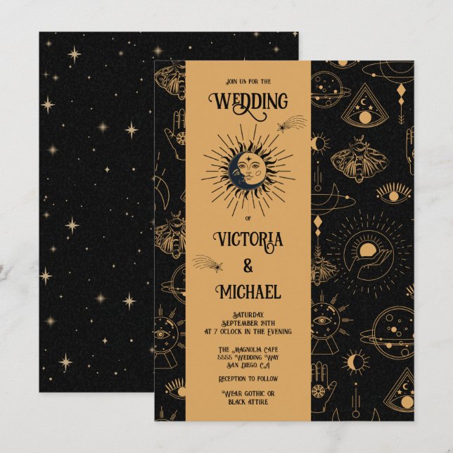 Invitation Gothique Mystique Lune Étoiles Moth Mariage foncé  (Devant / Derrière)