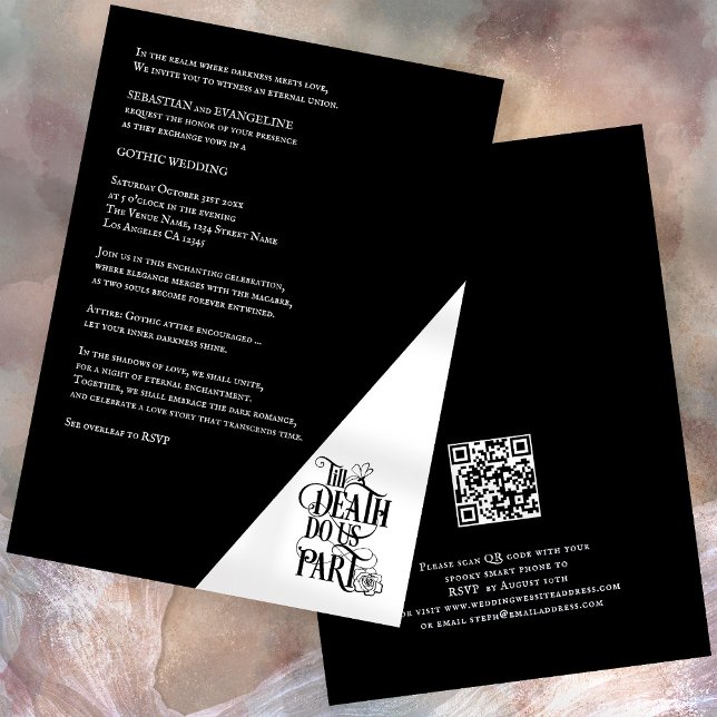 Invitation Gothique Noir Blanc Jusqu'à la mort Do Us Part Mar (Front and Back View)