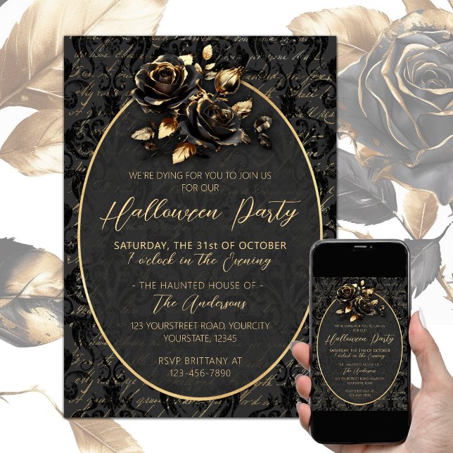Invitation Gothique noir or rose damask élégant Halloween (Black gold elegant gothic Halloween party invitation, damask pattern, black gold roses)